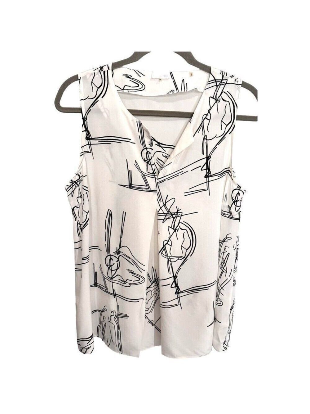 Ecru Sleeveless Silk Blouse White Black Graphic Nude Silhouettes Sz M READ